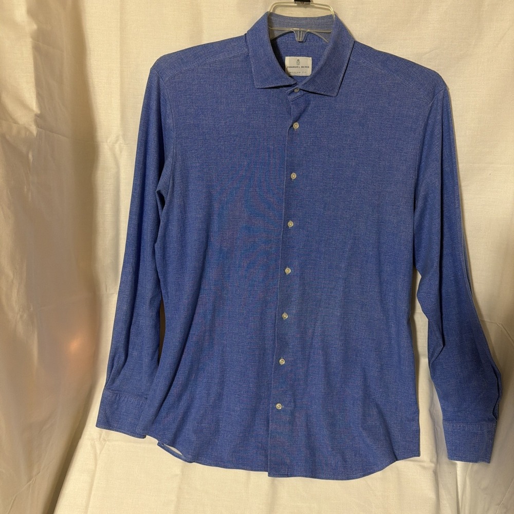 Emanuel Berg‎ Shirt Mens L/ XL Modern Fit Button Up Jersey Soft Blue Stretch